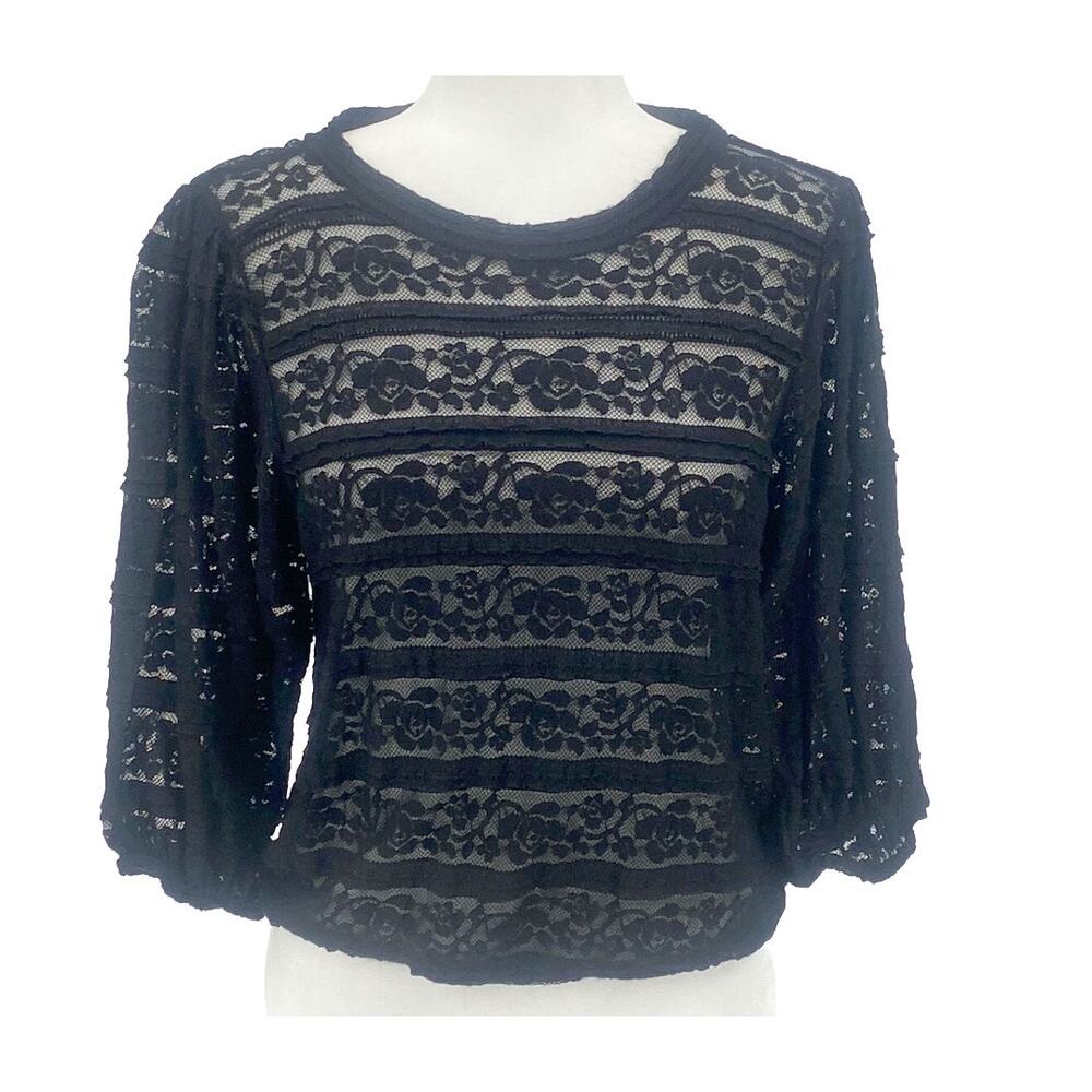 Women Black Sheer Lace Balloon Sleeve Blouse Small Boho Romantic